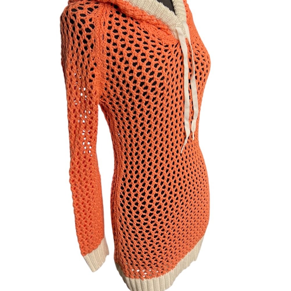 Venus Women's Orange Coral Crochet Hooded Dress Long Sleeve Size S (stretchy) E4